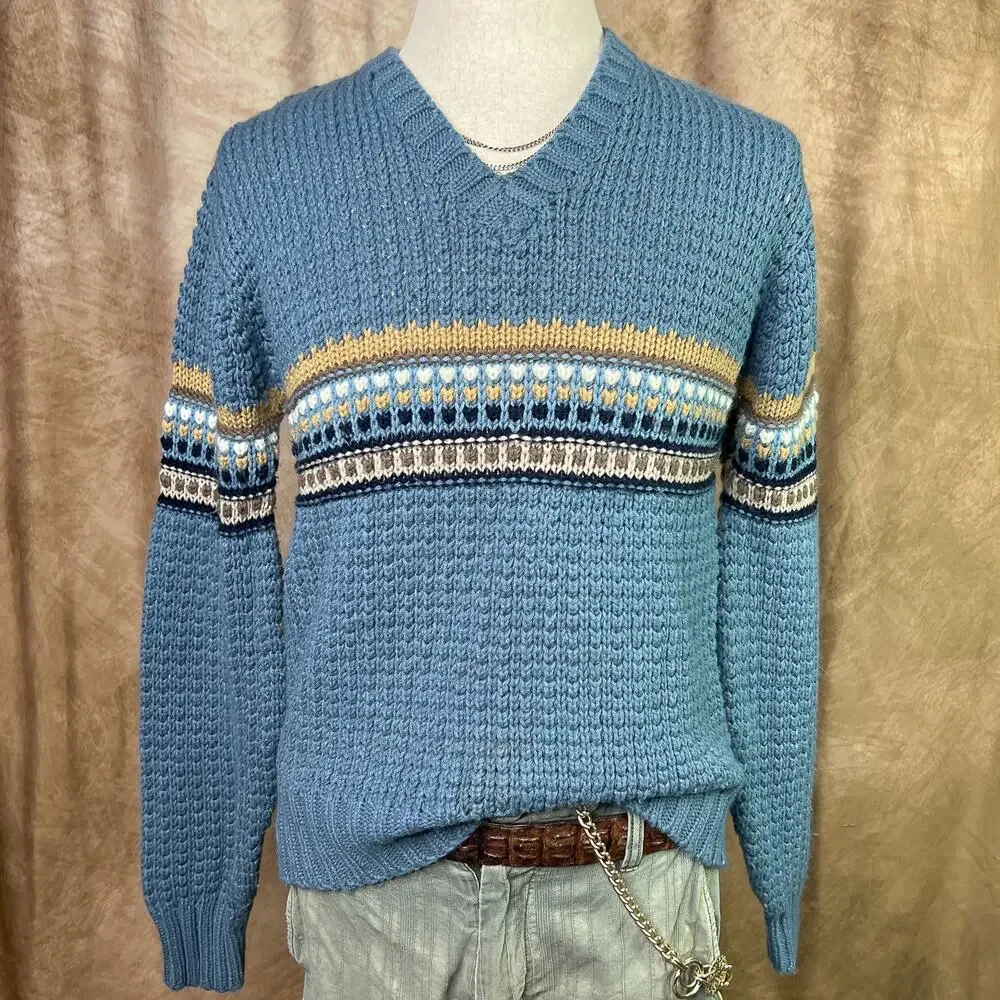 Vintage Striped Sweater 80s Knit V Neck Long Sleeve Blue Retro Fall Academia